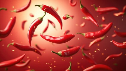 Red chili peppers in mid-air, vibrant, and dynamic