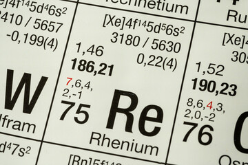 Rhenium German periodic table of elements macro close-up chemical physical description