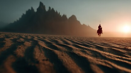 Fototapeta premium A lone rider silhouette journeys across a vast desert, casting long shadows in the orange glow of sunrise.