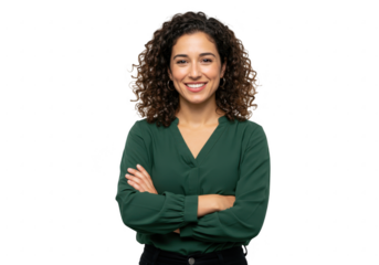 Confident young woman with curly hair smiling with arms crossed isolated on transparent background