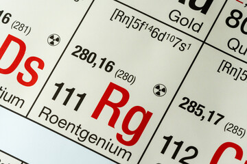 Roentgenium German periodic table of elements macro close-up chemical physical description