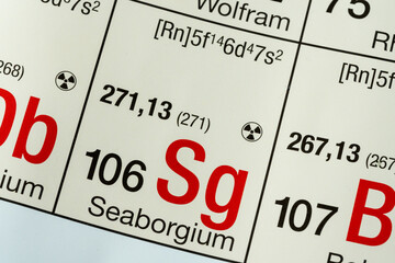 Seaborgium German periodic table of elements macro close-up chemical physical description