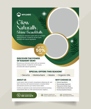 Beauty Flyer Design Template with Discount Offer, Modern Green and Gold Design