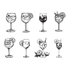 Aperol Spritz cocktails bar doodle icon set