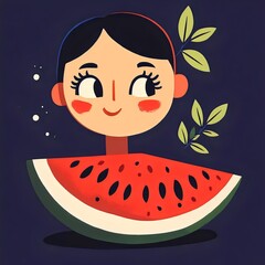 Playful Cartoon Illustration of a Cheerful Girl with Watermelon and Colorful Fruits in a Whimsical Summer Design