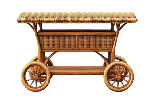 Charming rustic wicker cart reminiscent of old market days ready for fresh produce or a on transparent background