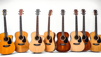 Fototapeta premium Six acoustic guitars arranged in a row on white, professional and clean composition.