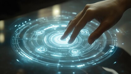 A hand interacts with a glowing, circular interface