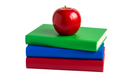 Stack of colorful school books topped with a shiny red apple against a transparent background symbolizing education and learning.