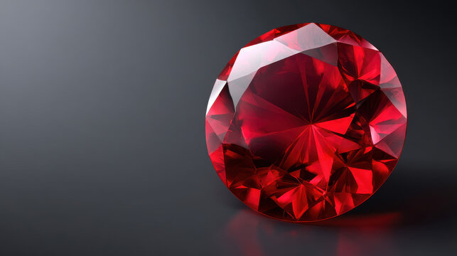 A sparkling red ruby gemstone, elegantly faceted and glowing against a smooth dark gray background, showcases its brilliance and rich color in a captivating scene. - Powered by Adobe