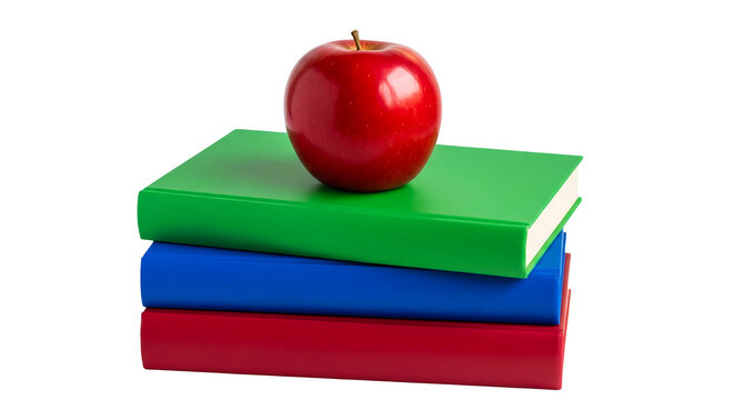 Stack of colorful school books topped with a shiny red apple against a transparent background symbolizing education and learning.