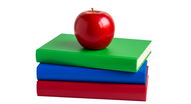 Stack of colorful school books topped with a shiny red apple against a transparent background symbolizing education and learning.