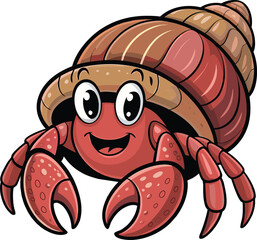Cartoon illustration of a smiling hermit crab wearing a shell and showing a happy expression