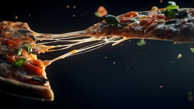 A pizza slice, bursting with toppings, is being pulled apart, with melted cheese strings stretching dramatically against a dark backdrop.  Toppings include basil, tomatoes, and olives