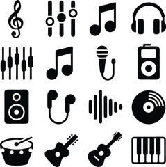 Collection of black and white music icons featuring instruments and audio equipment