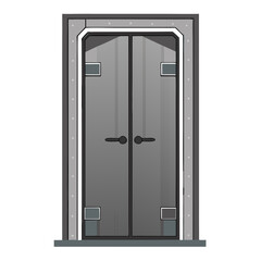 A modern glass double door with black handles and metal frame, featuring transparent panels and hinges, typically used for commercial or residential entrances.