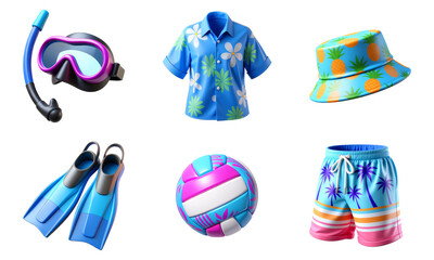 Beach Shorts, Bucket Hat, Hawaiian Shirt, Diving Fins, Mask, Volleyball, Set of 3D Icons &ndash; Glossy Minimal Emoji Style, Isolated PNG objects
