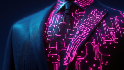 Close-up of a suit with glowing, circuit-board-like design