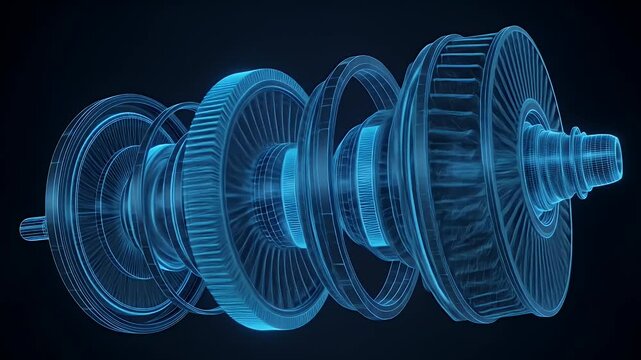 Rotating Turbine Engine Wireframe Blueprint Visualization