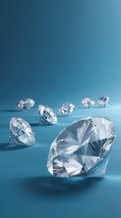 Sparkling diamonds are scattered across a glossy blue surface, reflecting light and creating a sense of luxury and glamour in a visually appealing arrangement.