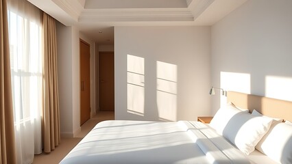 Elegant hotel bedroom bathed in morning sunlight, featuring a neatly made bed and serene ambiance.