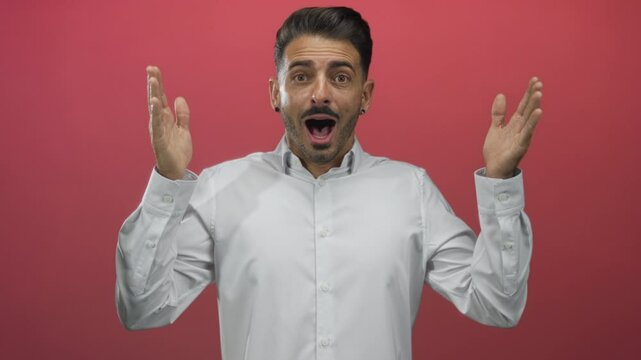 Young hispanic man with trimmed beard in white button shirt raises both hands open palms in studio; surprise.