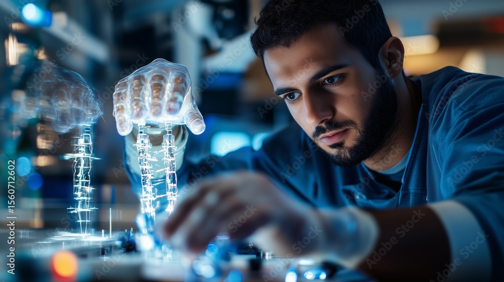 Poster skilled technician assembling intricate components in a high-tech lab environment during evening hou