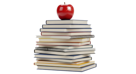 A shiny red apple resting atop a stack of colorful books against a black, transparent background symbolizing knowledge and education.