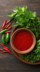 A vibrant red chili sauce is beautifully arranged in a wooden bowl alongside fresh green herbs and colorful chili peppers on a rustic wooden surface background.