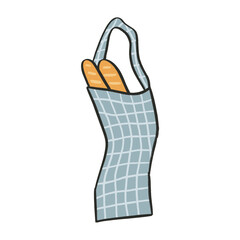 Crispy french baguette in a bag. Cartoon bread, isolated vector illustration. Bakery concept. Hand drawn picture.