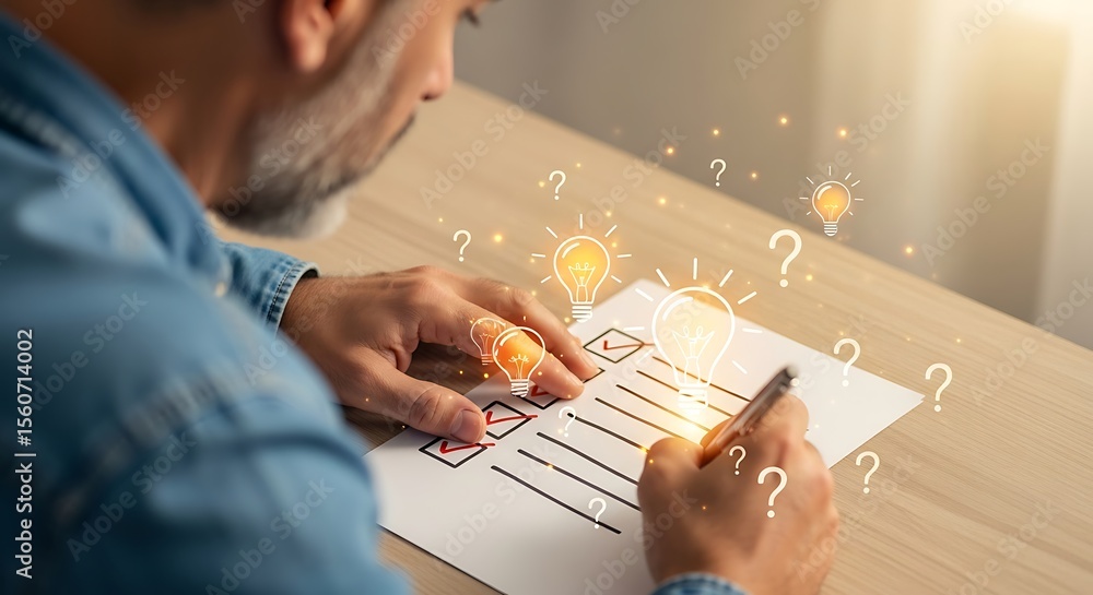 Aufkleber man filling out a survey with ideas and questions floating around him