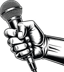 Hand holding a microphone in a detailed engraving style suitable for music and broadcasting