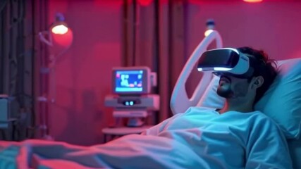 Innovative healthcare shows a patient using virtual reality for pain management and immersive therapy in a modern hospital setting, promoting well-being. - Powered by Adobe
