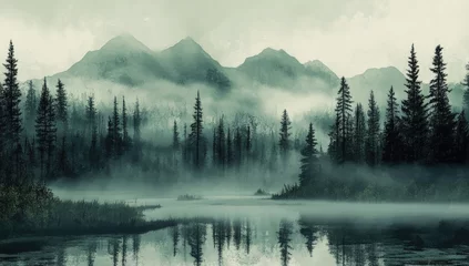 Plexiglas schilderij Mistig bos Misty mountain lake  © Hutan