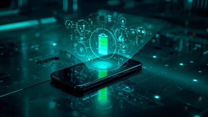 Futuristic Smartphone Hologram Displaying Battery Technology and Energy Data