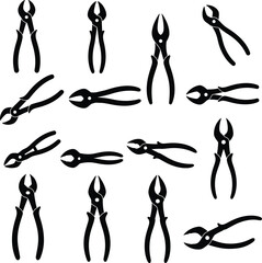 Nail Puller & Nippers Tool Silhouette Vector Set. Essential Hand Tools for Construction, Woodworking, and DIY Projects. Cutting and Extraction Equipment.