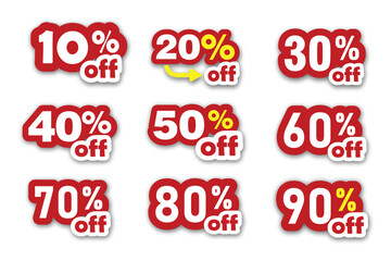 Red percent discount sale labels: a collection of vector retail promotion stickers and buttons