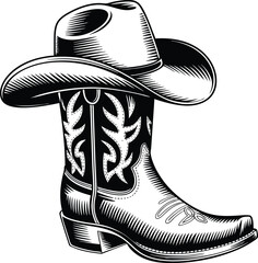 Intricate black and white illustration of a cowboy hat resting on a detailed cowboy boot