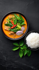 Authentic Thai red curry with beef, vibrant green vegetables, sliced red onions, and rice served in black bowls displayed on a textured dark surface.