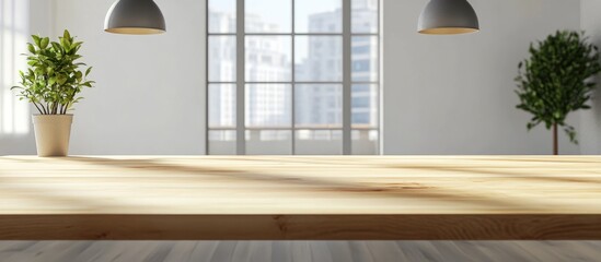 Light-filled room with a light-colored wooden table