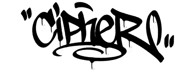 Cipher graffiti tag in bold black spray with drips. Transparent background. Great for street-style design with mystery and urban sigma edge.