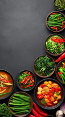 An array of colorful and fresh vegetarian dishes, including curries and various vegetable preparations, are arranged artistically on a dark textured background.