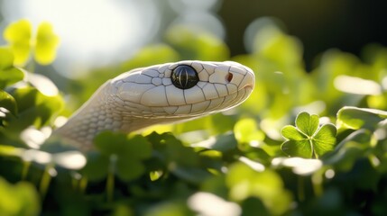 Fototapeta premium Cute white snake with black eyes, four-leaf clover , hyperrealistic photo, in the bushes, creating mysterious and divine atmosphere