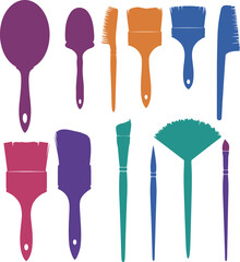 Colorful Paint Brush & Art Tool Vector Illustration Set. Diverse Brushes for Painting, Crafting, Art, and Creative Projects. Artistic Supplies Collection.