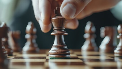 Close-up of a hand moving a dark-wooden chess king
