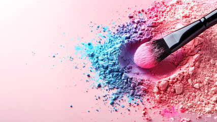 Bright pink cosmetic background with makeup brush and scattered pink and blue powder or eyeshadow. Copy space. Banner for advertising and promotion