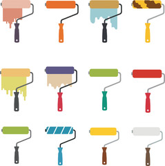 Colorful Paint Roller Vector Illustration Set. Essential Painting Tools for Home Renovation, DIY, and Decorative Projects. Wall and Ceiling Painting Equipment.