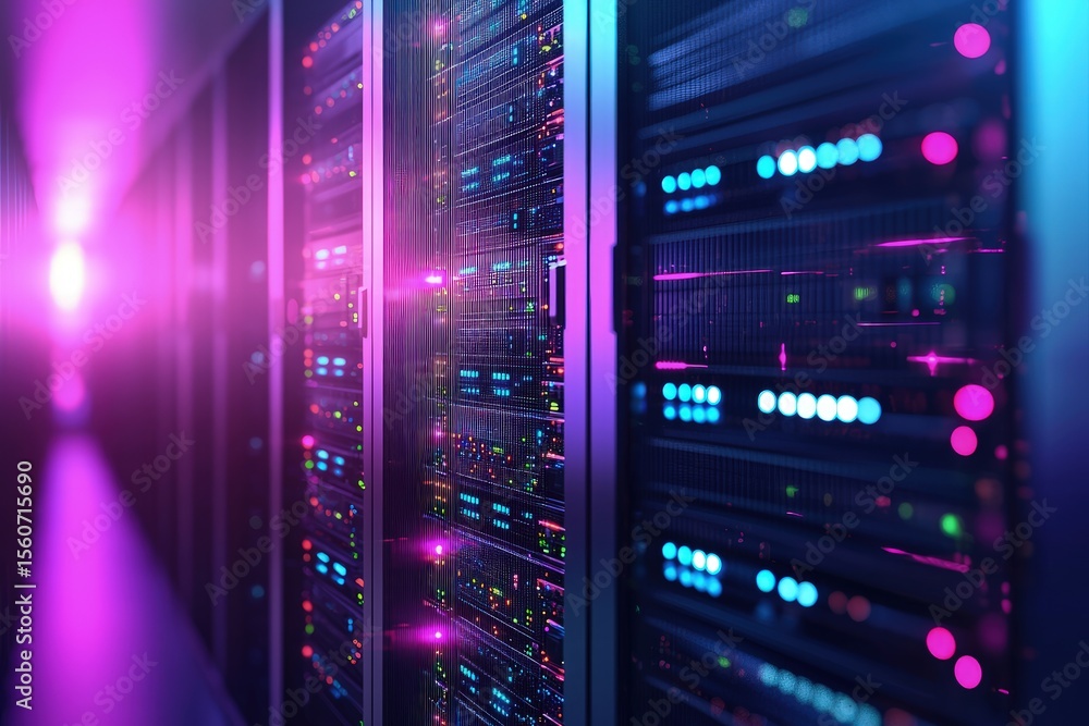 Poster Futuristic mesh server racks illuminated with pink and blue LED lights in a high-tech data center, ideal for AI computing, digital infrastructure, cybersecurity, and cloud networking visuals