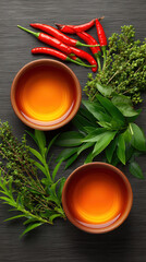 Two wooden bowls with oil are positioned amidst fresh herbs and vibrant red chili peppers, all arranged on a dark textured surface for a culinary concept.