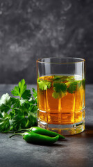 A refreshing cocktail featu fresh green herbs and spicy jalapeno peppers is presented against a moody gray backdrop, creating a captivating visual experience.